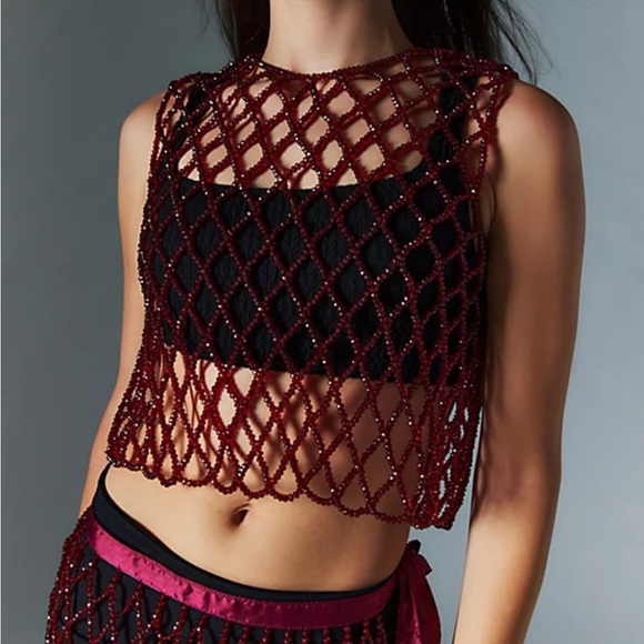Urban Outfitters Beaded Open Back Pearl Button Burgundy Cage Embellished Top - Picture 1 of 9